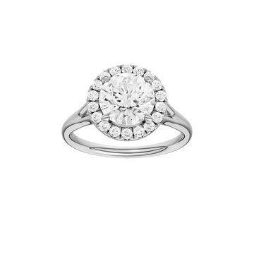 A front view of the Round cut diamond engagement ring in 14k white gold with a plain band and halo setting