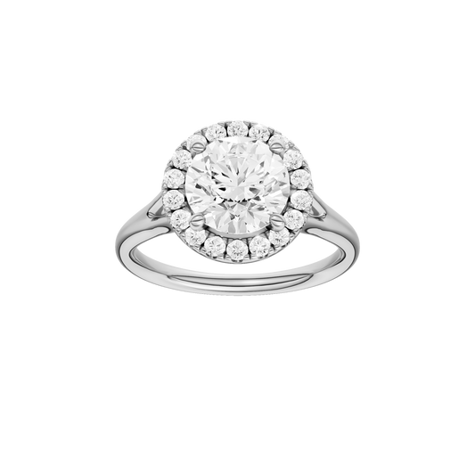 A front view of the Round cut diamond engagement ring in 14k white gold with a plain band and halo setting