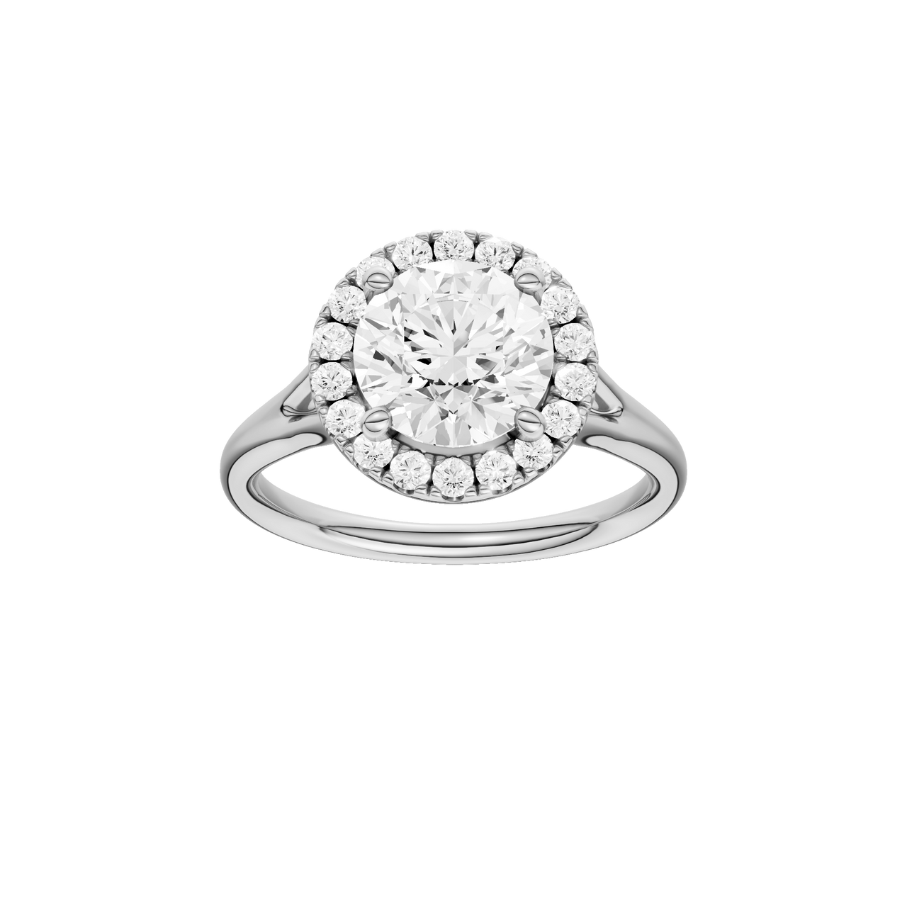 A front view of the Round cut diamond engagement ring in platinum with a plain band and halo setting