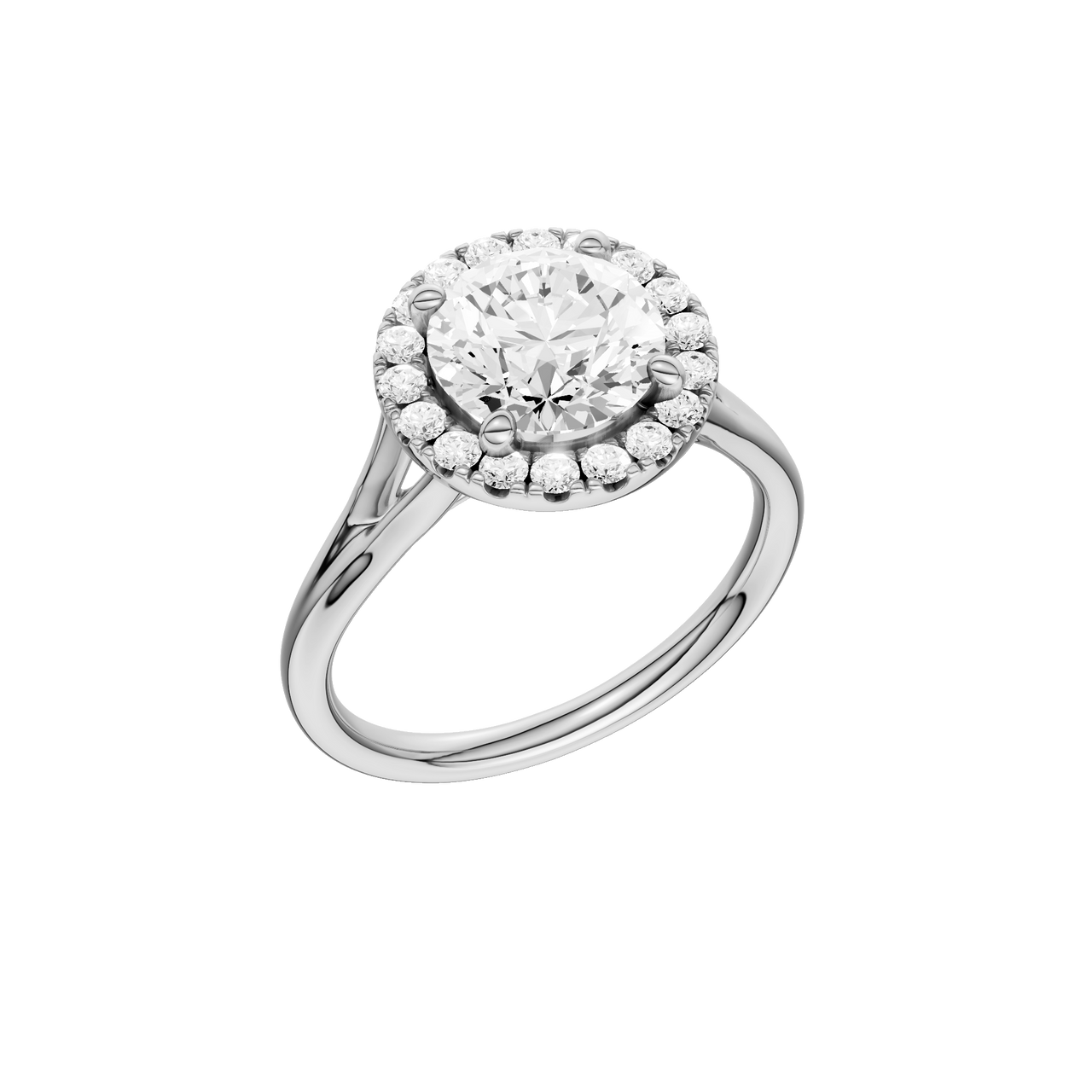 A three-quarter view of the Round cut diamond engagement ring in 14k white gold with a plain band and halo setting