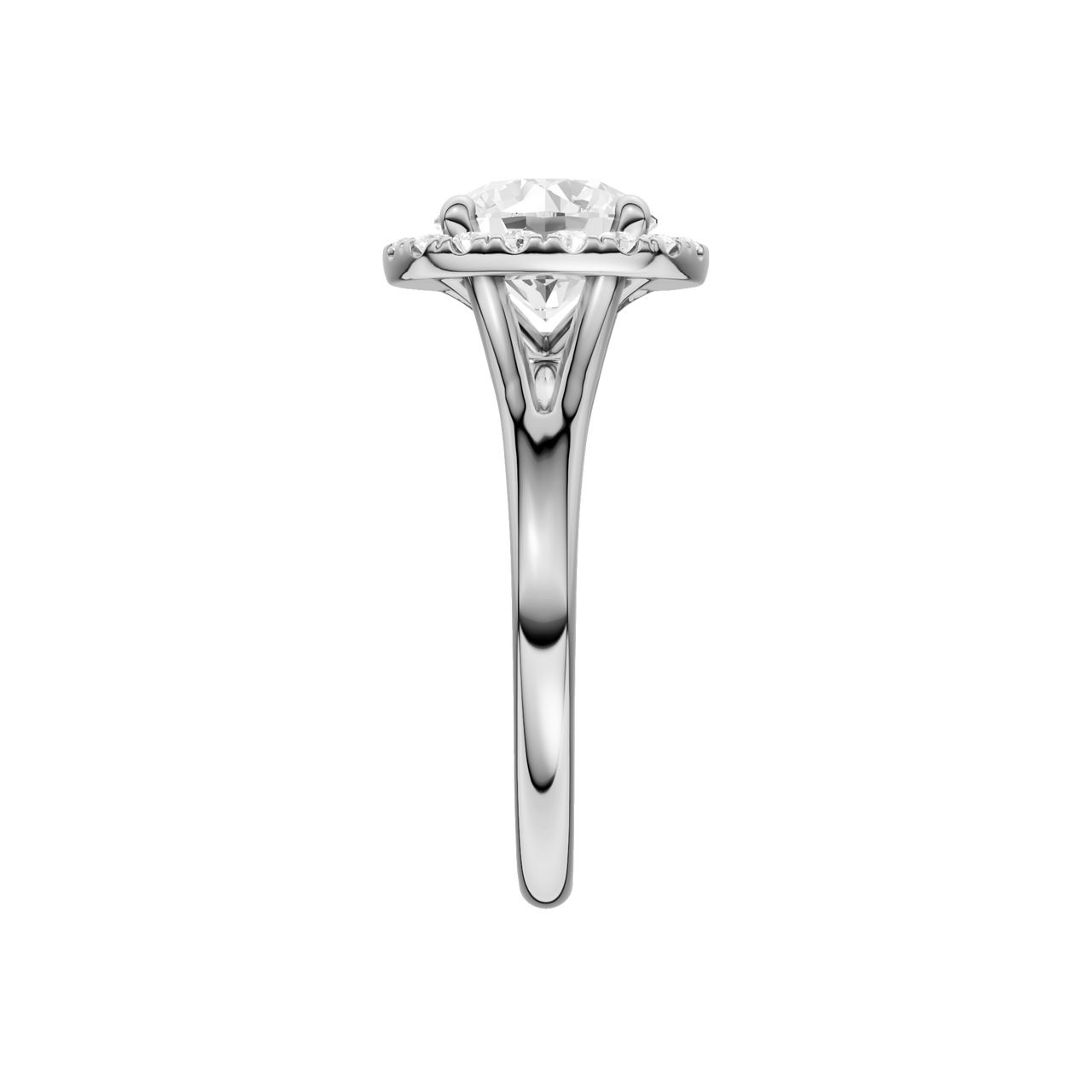 A side view of the Round cut diamond engagement ring in 14k white gold with a plain band and halo setting