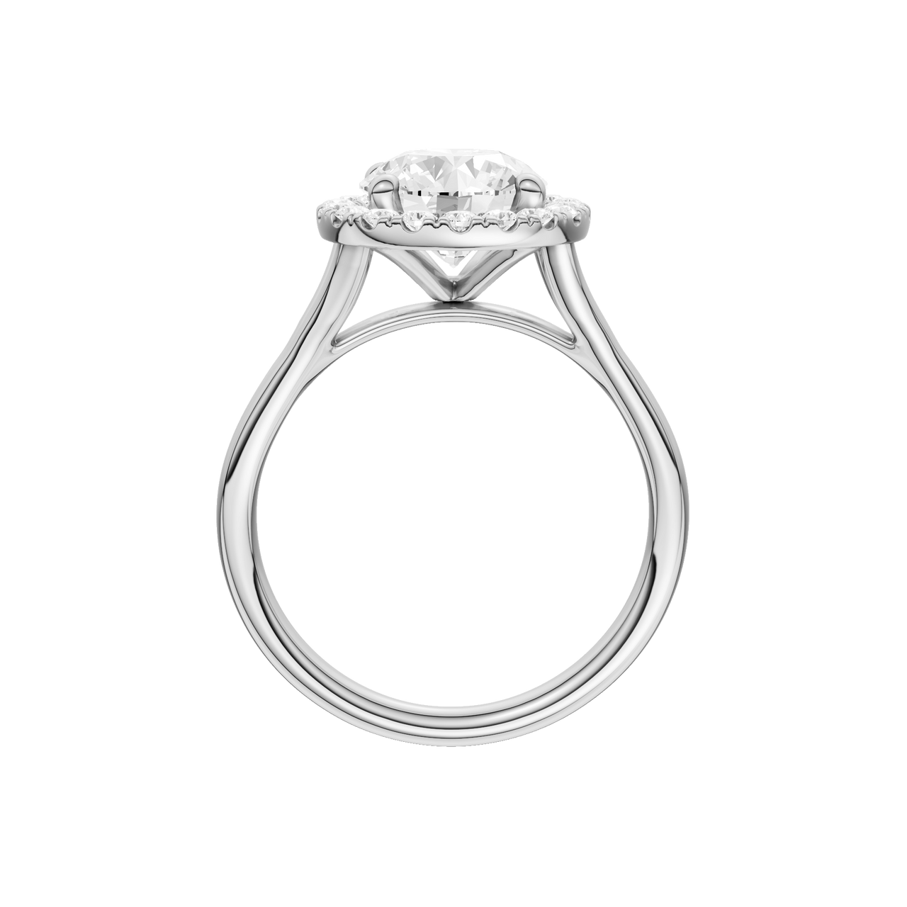 A profile view of the Round cut diamond engagement ring in 14k white gold with a plain band and halo setting