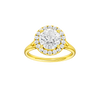 A front view of the Round cut diamond engagement ring in 14k yellow gold with a plain band and halo setting
