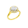 A three-quarter view of the Round cut diamond engagement ring in 14k yellow gold with a plain band and halo setting