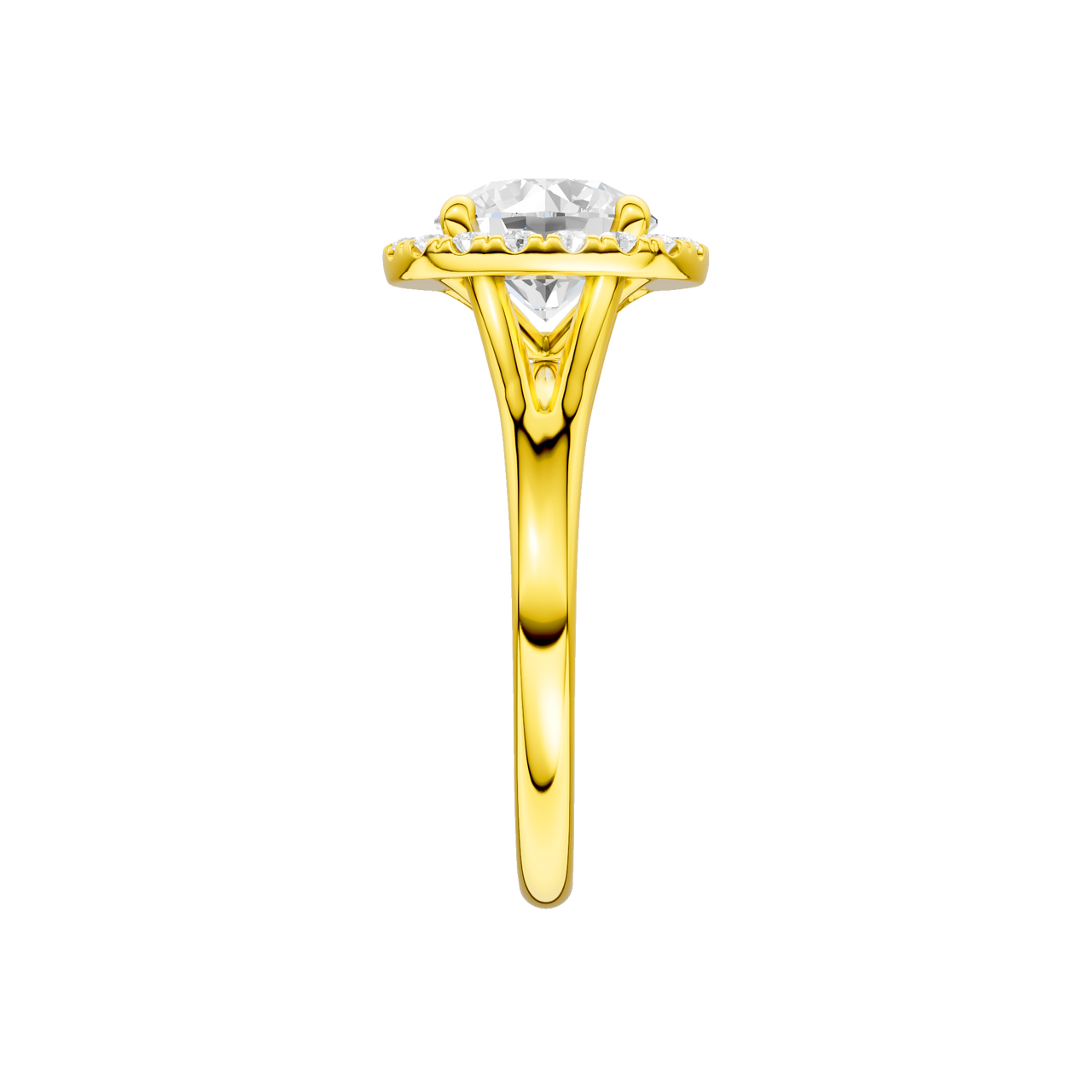A side view of the Round cut diamond engagement ring in 14k yellow gold with a plain band and halo setting