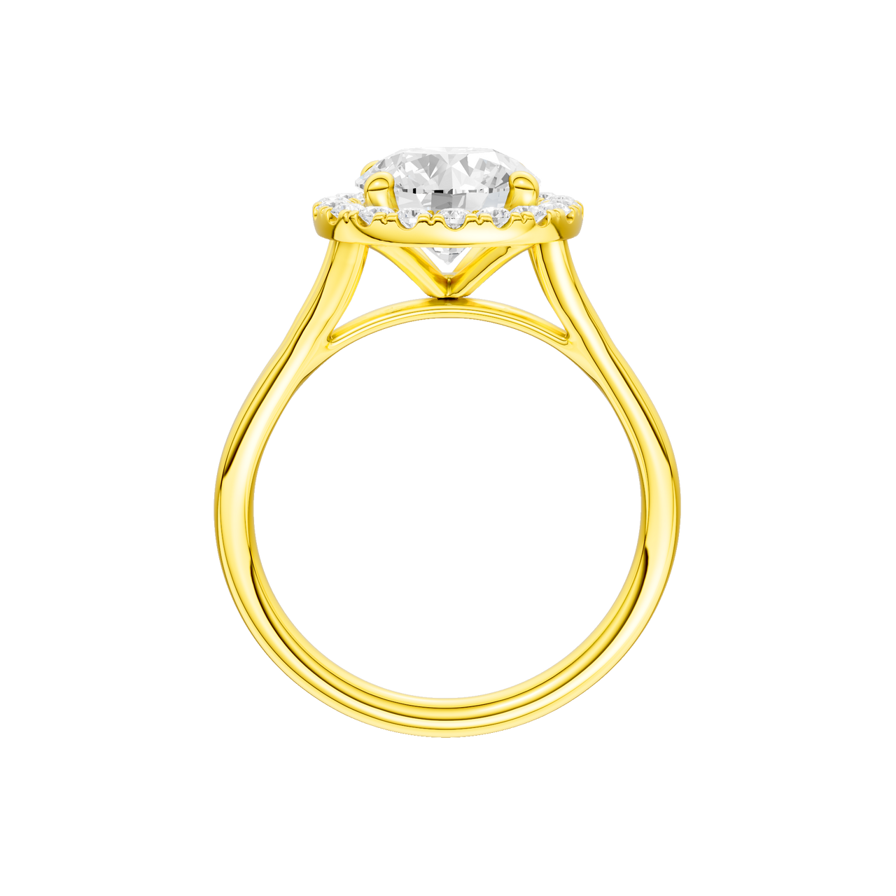 A profile view of the Round cut diamond engagement ring in 14k yellow gold with a plain band and halo setting
