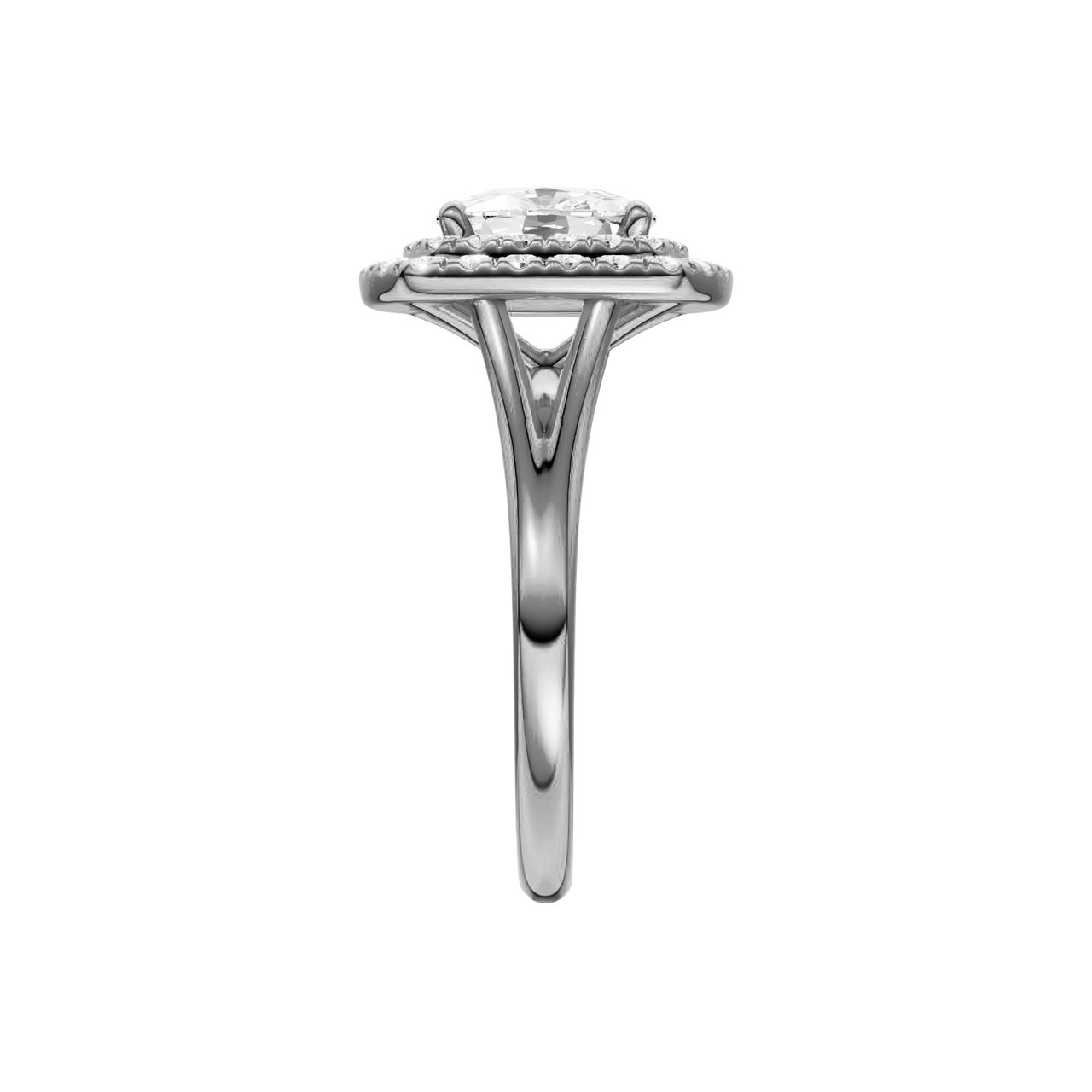 A side view of the Elongated Cushion cut diamond engagement ring in platinum with a plain band and double halo setting