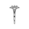 A side view of the Elongated Cushion cut diamond engagement ring in 14k white gold with a plain band and double halo setting