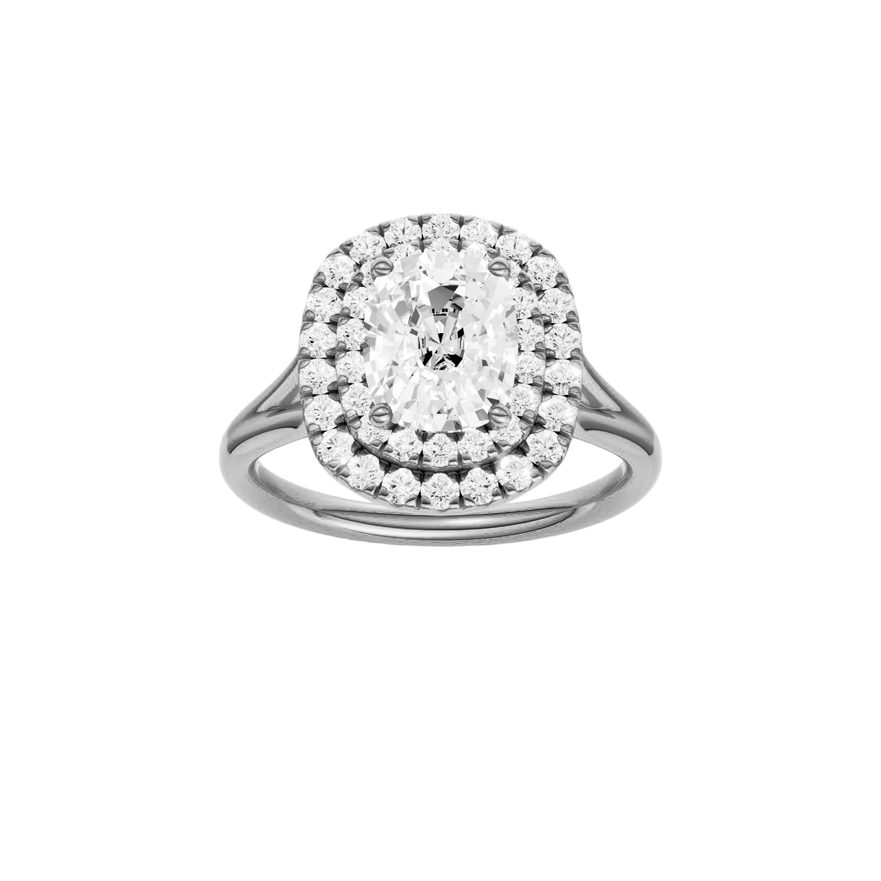 A front view of the Elongated Cushion cut diamond engagement ring in 14k white gold with a plain band and double halo setting
