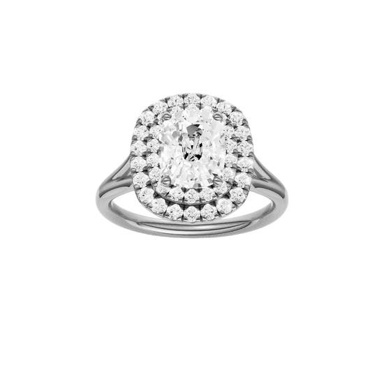 A front view of the Elongated Cushion cut diamond engagement ring in platinum with a plain band and double halo setting