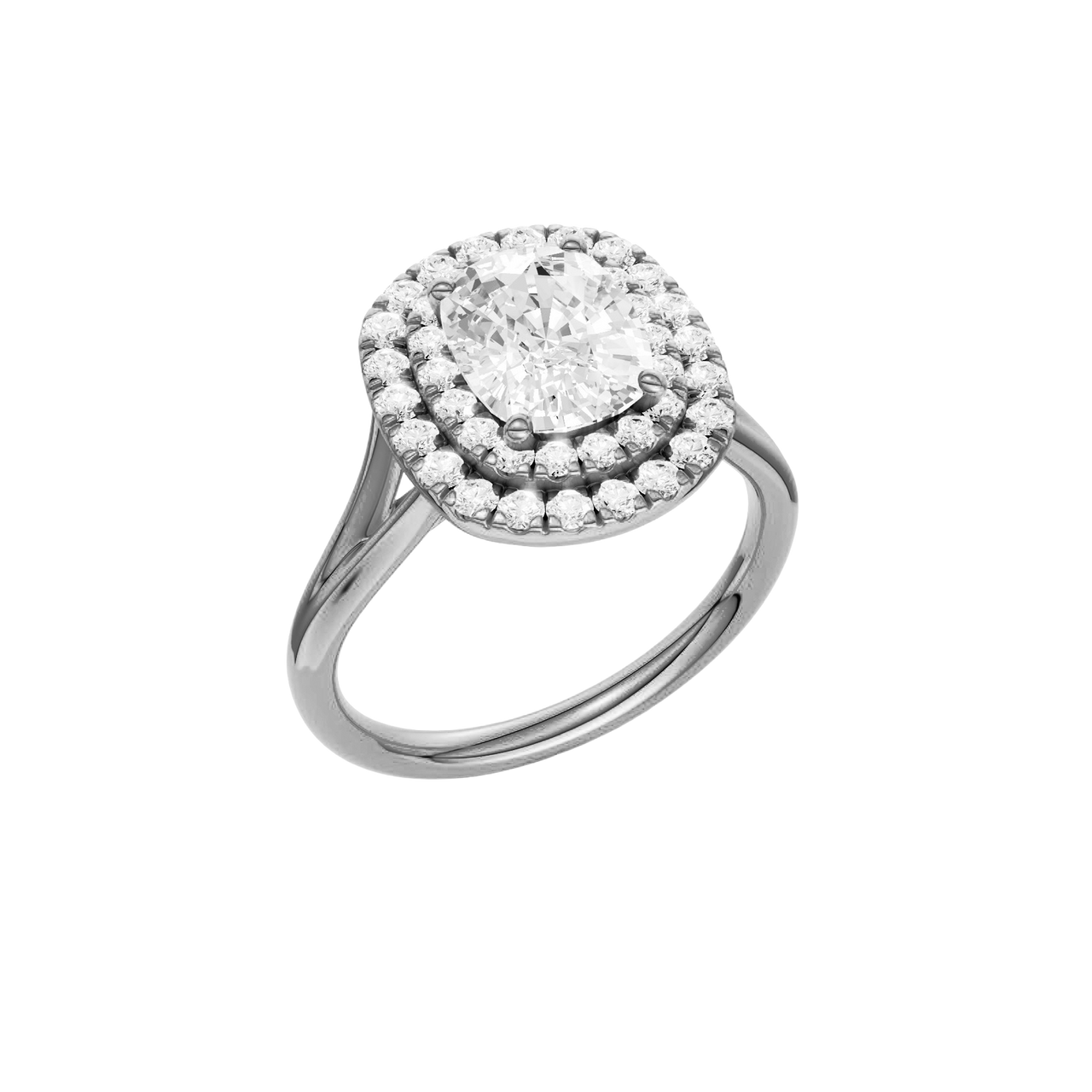A three-quarter view of the Elongated Cushion cut diamond engagement ring in platinum with a plain band and double halo setting
