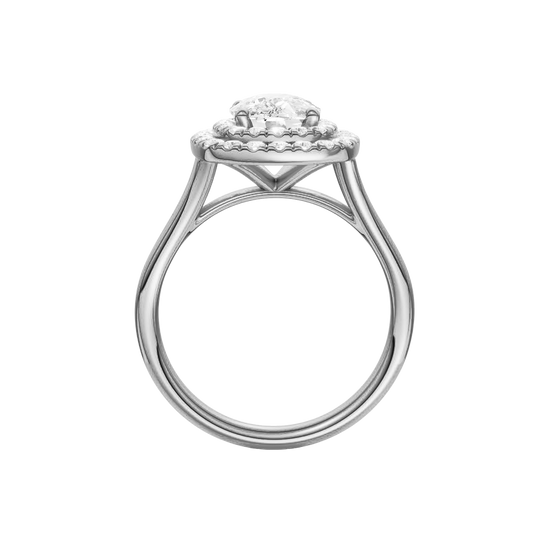 A profile view of the Elongated Cushion cut diamond engagement ring in platinum with a plain band and double halo setting