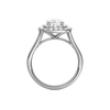 A profile view of the Elongated Cushion cut diamond engagement ring in platinum with a plain band and double halo setting