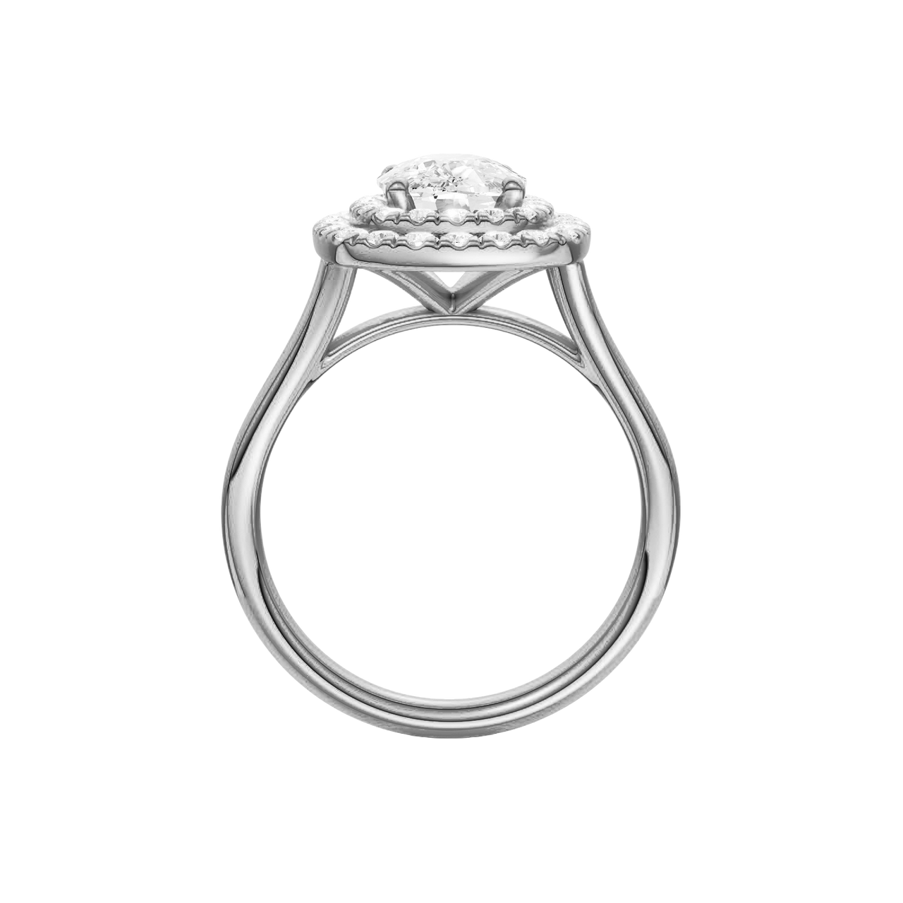 A profile view of the Elongated Cushion cut diamond engagement ring in platinum with a plain band and double halo setting