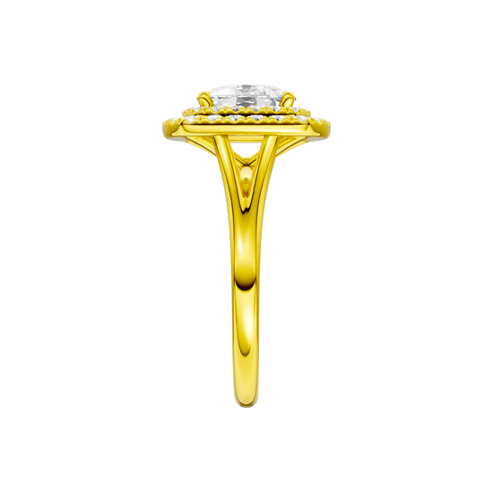 A side view of the Elongated Cushion cut diamond engagement ring in 14k yellow gold with a plain band and double halo setting