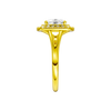 A side view of the Elongated Cushion cut diamond engagement ring in 14k yellow gold with a plain band and double halo setting