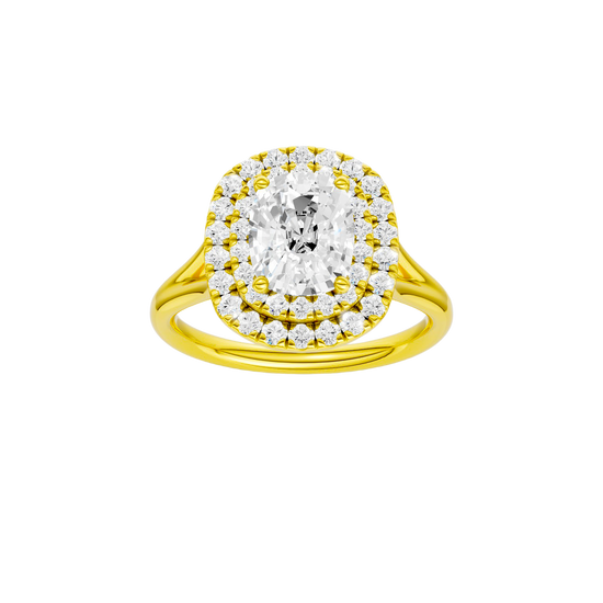 A front view of the Elongated Cushion cut diamond engagement ring in 14k yellow gold with a plain band and double halo setting