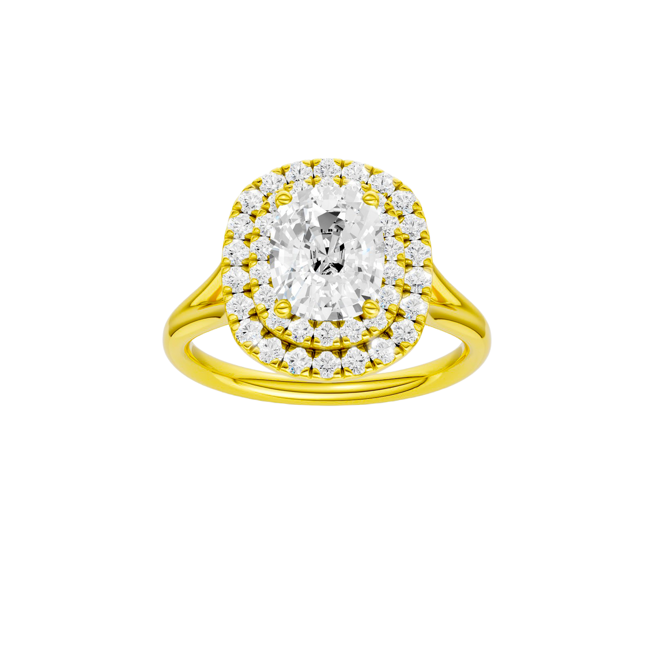 A front view of the Elongated Cushion cut diamond engagement ring in 14k yellow gold with a plain band and double halo setting