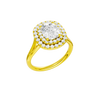 A three-quarter view of the Elongated Cushion cut diamond engagement ring in 14k yellow gold with a plain band and double halo setting