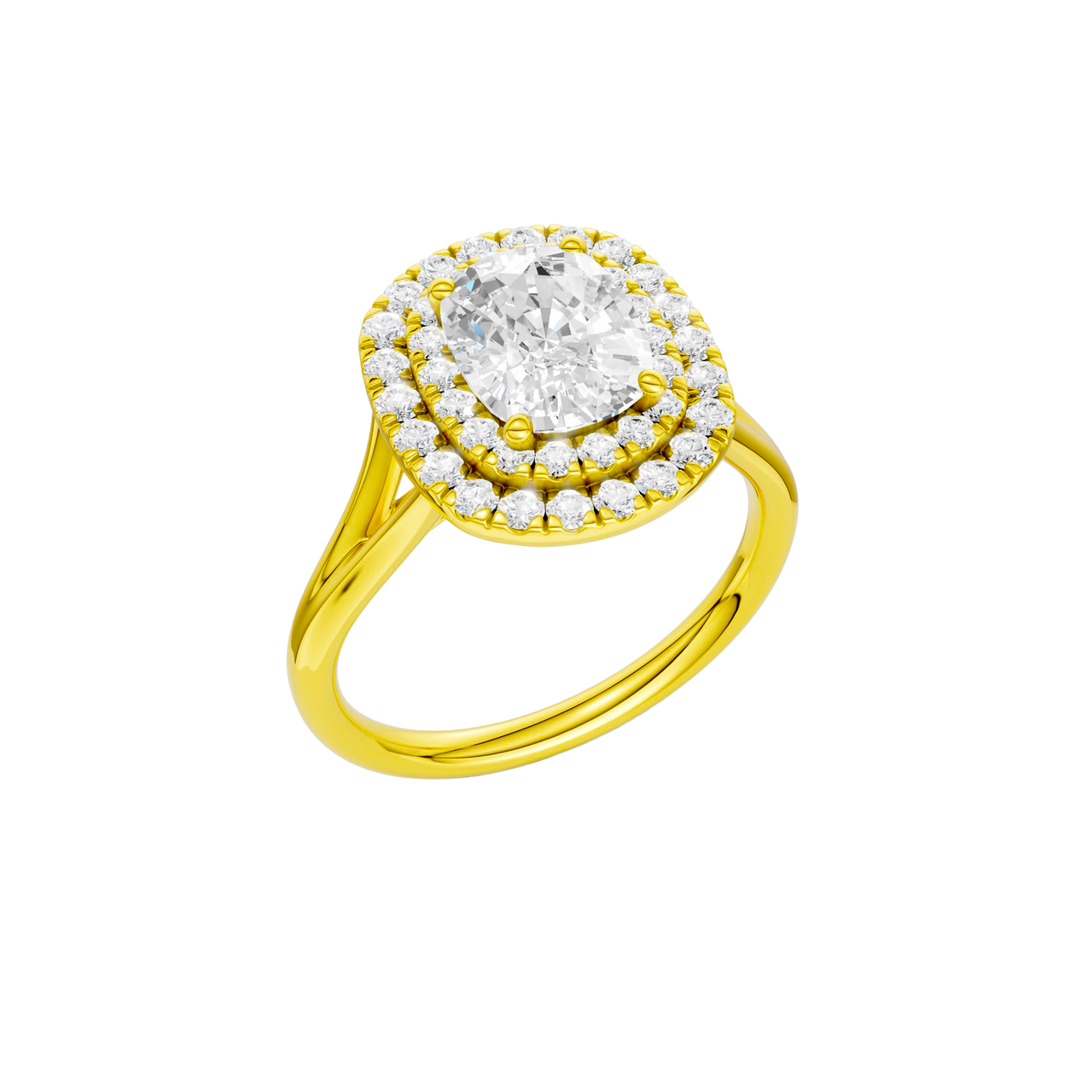 A three-quarter view of the Elongated Cushion cut diamond engagement ring in 14k yellow gold with a plain band and double halo setting