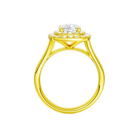 A profile view of the Elongated Cushion cut diamond engagement ring in 14k yellow gold with a plain band and double halo setting