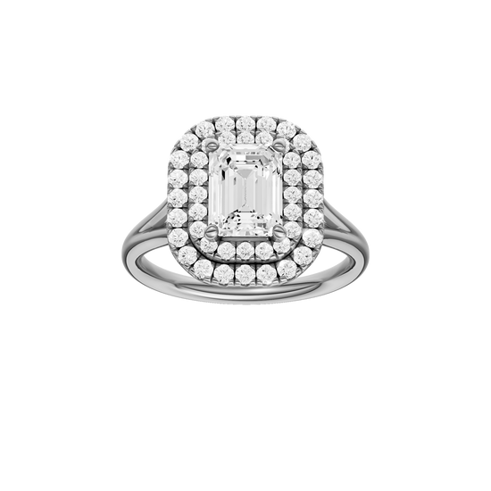 A front view of the Emerald cut diamond engagement ring in 14k white gold with a plain band and double halo setting