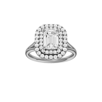 A front view of the Emerald cut diamond engagement ring in 14k white gold with a plain band and double halo setting
