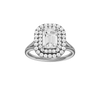 A front view of the Emerald cut diamond engagement ring in platinum with a plain band and double halo setting
