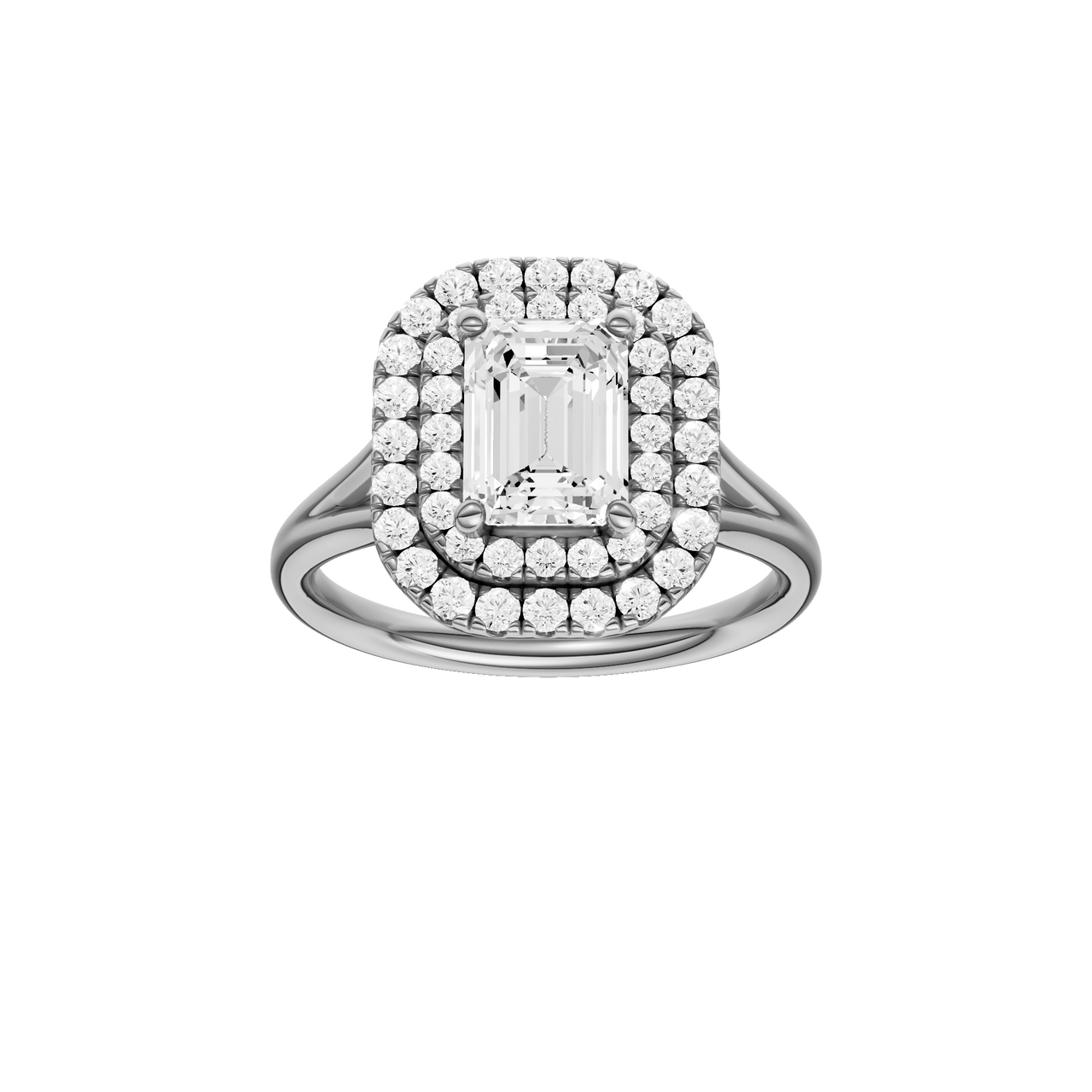 A front view of the Emerald cut diamond engagement ring in platinum with a plain band and double halo setting