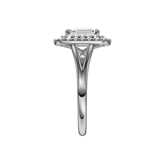 A side view of the Emerald cut diamond engagement ring in platinum  with a plain band and double halo setting