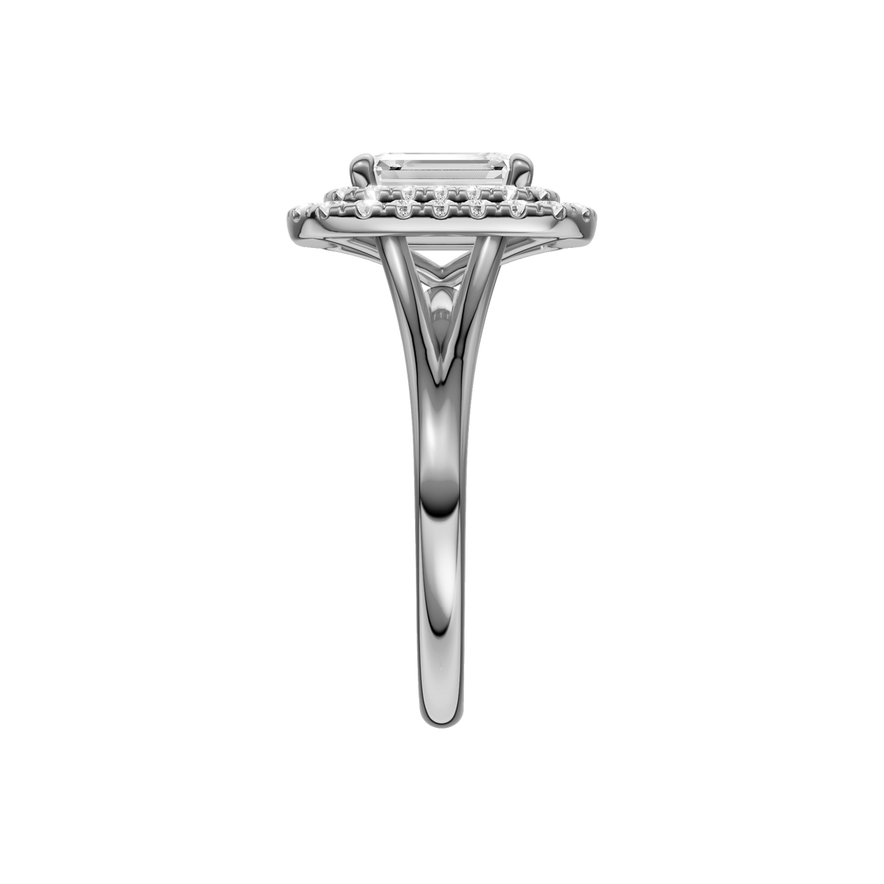 A side view of the Emerald cut diamond engagement ring in 14k white gold  with a plain band and double halo setting