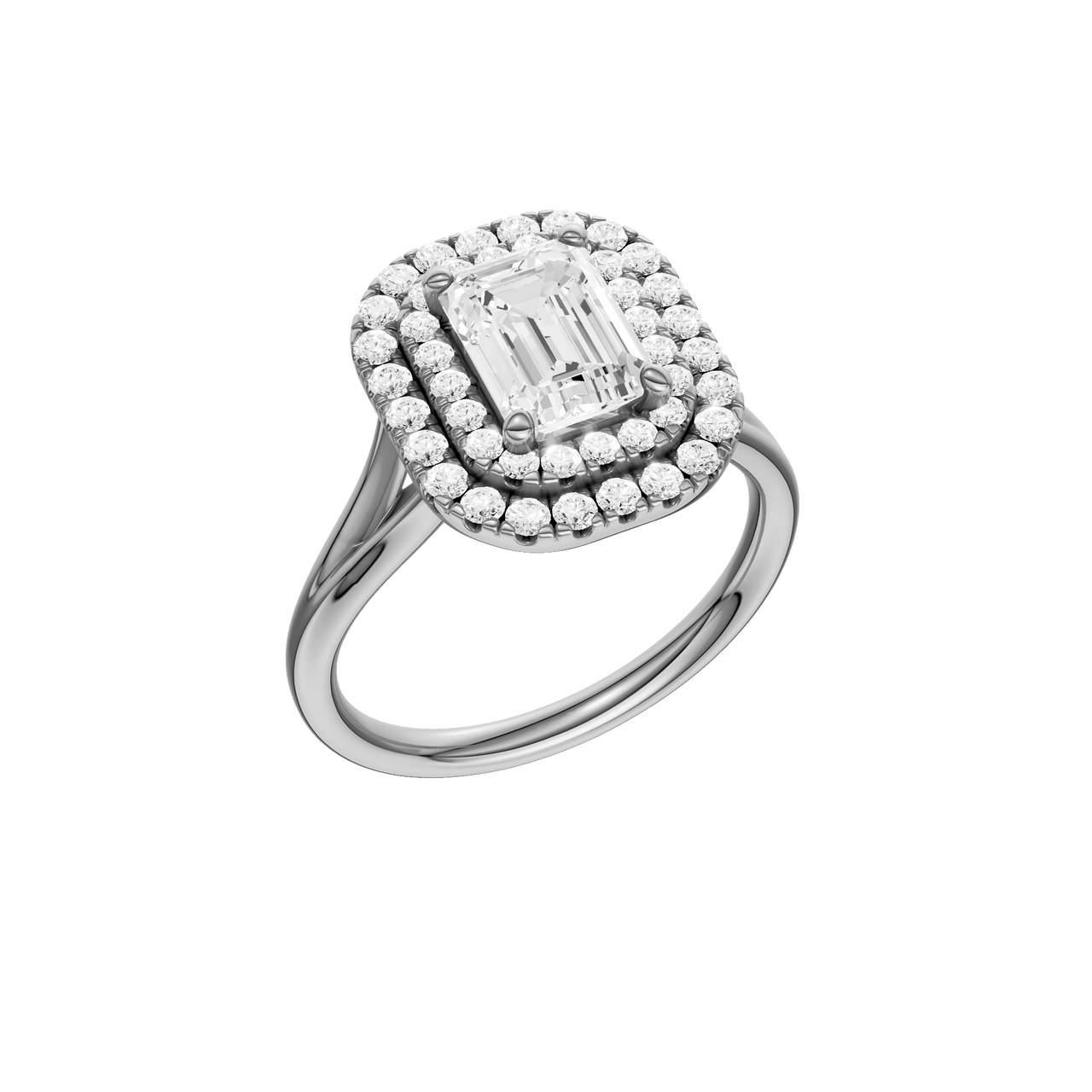 A three-quarter view of the Emerald cut diamond engagement ring in platinum  with a plain band and double halo setting