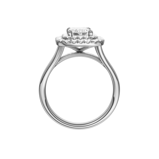 A profile view of the Emerald cut diamond engagement ring in platinum  with a plain band and double halo setting