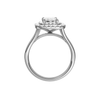 A profile view of the Emerald cut diamond engagement ring in platinum  with a plain band and double halo setting