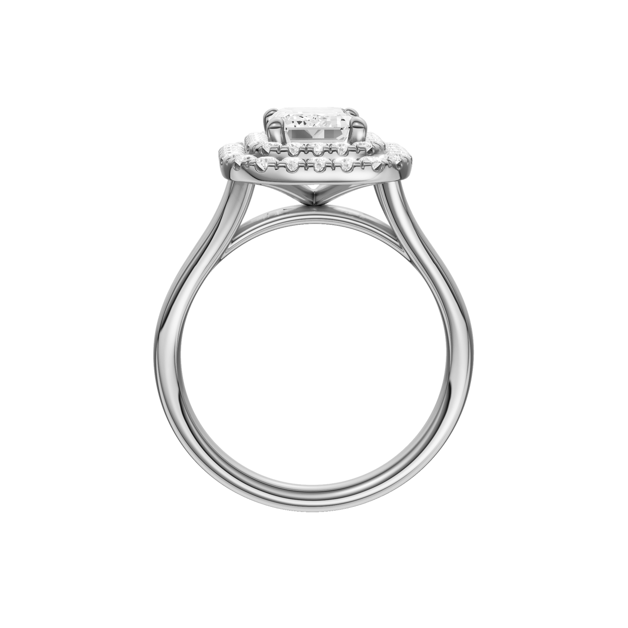 A profile view of the Emerald cut diamond engagement ring in 14k white gold  with a plain band and double halo setting
