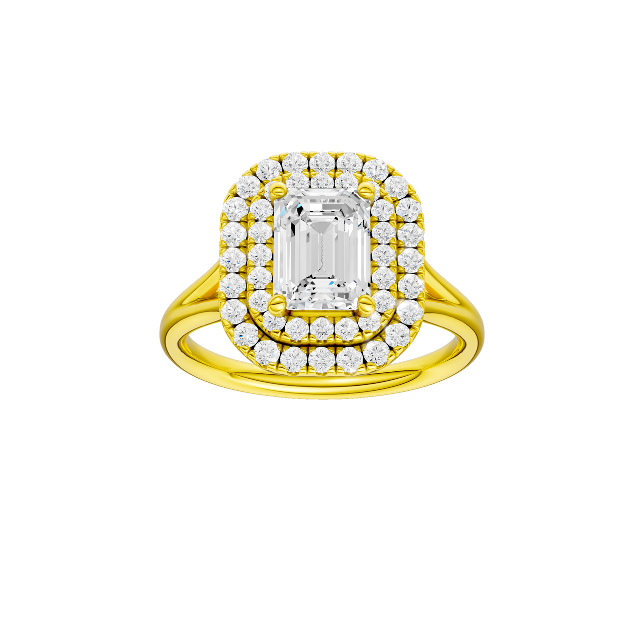 A front view of the Emerald cut diamond engagement ring in 14k yellow gold with a plain band and double halo setting