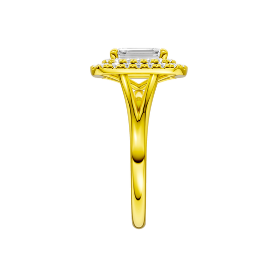A side view of the Emerald cut diamond engagement ring in 14k yellow gold  with a plain band and double halo setting