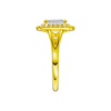 A side view of the Emerald cut diamond engagement ring in 14k yellow gold  with a plain band and double halo setting