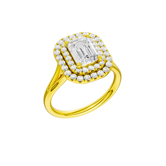 A three-quarter view of the Emerald cut diamond engagement ring in 14k yellow gold  with a plain band and double halo setting