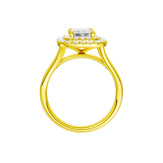 A profile view of the Emerald cut diamond engagement ring in 14k yellow gold  with a plain band and double halo setting