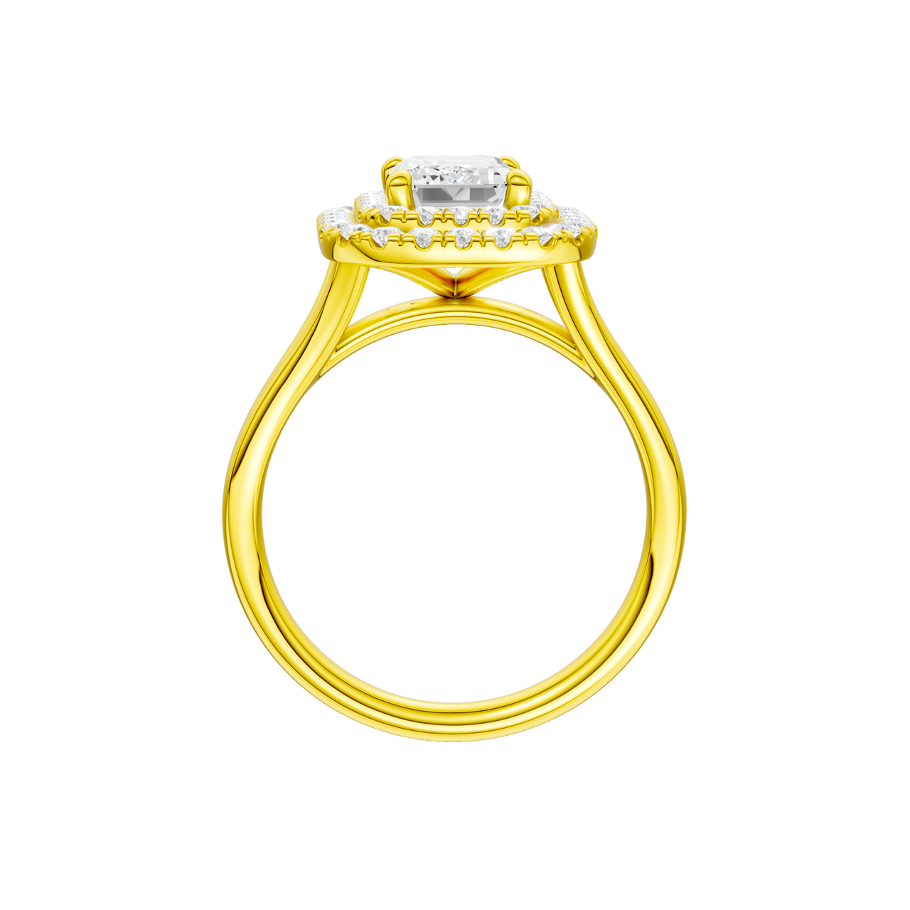 A profile view of the Emerald cut diamond engagement ring in 14k yellow gold  with a plain band and double halo setting