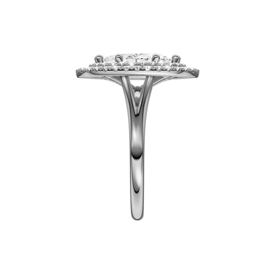 A side view of the Marquise cut diamond engagement ring in platinum with a plain band and double halo setting