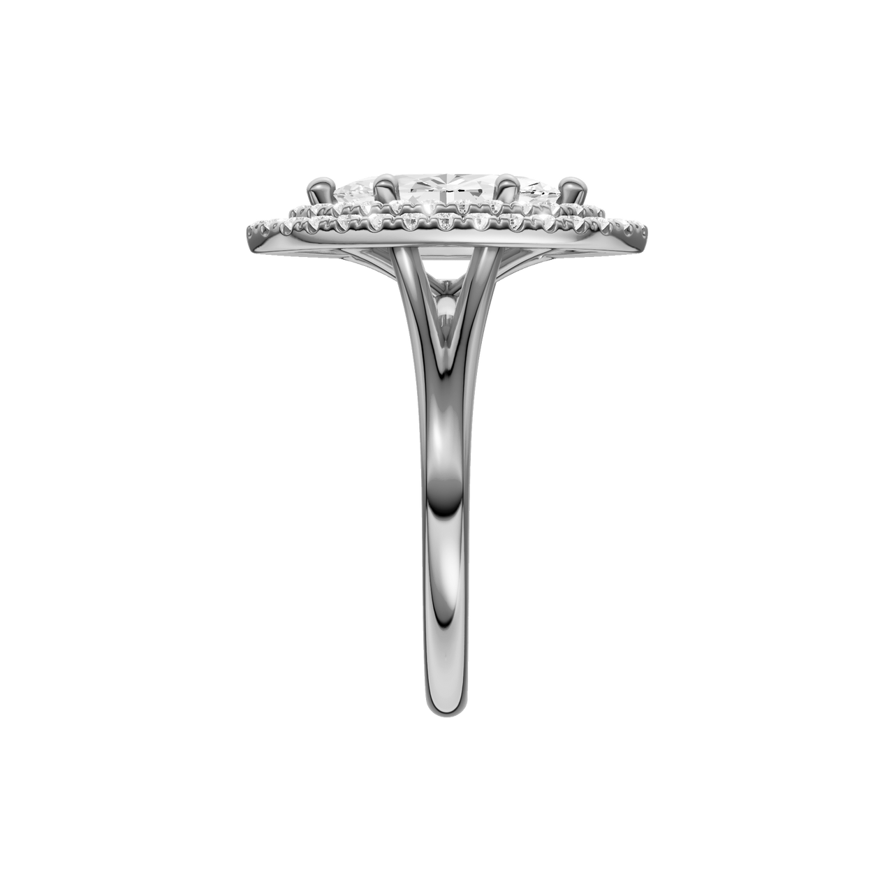 A side view of the Marquise cut diamond engagement ring in 14k white gold with a plain band and double halo setting