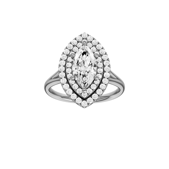 A front view of the Marquise cut diamond engagement ring in 14k white gold with a plain band and double halo setting