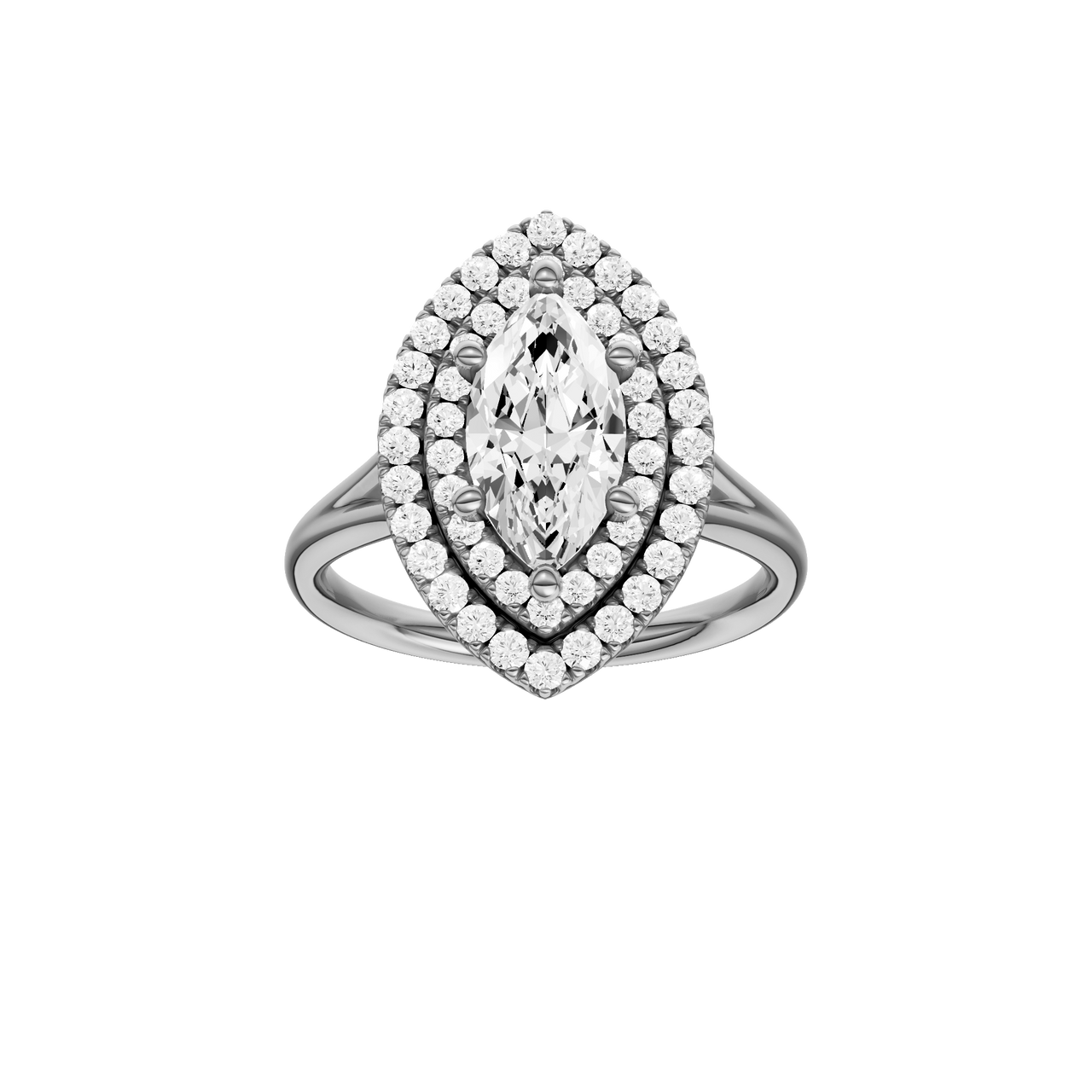 A front view of the Marquise cut diamond engagement ring in 14k white gold with a plain band and double halo setting