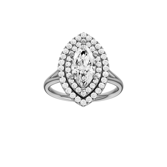 A front view of the Marquise cut diamond engagement ring in 14k white gold with a plain band and double halo setting