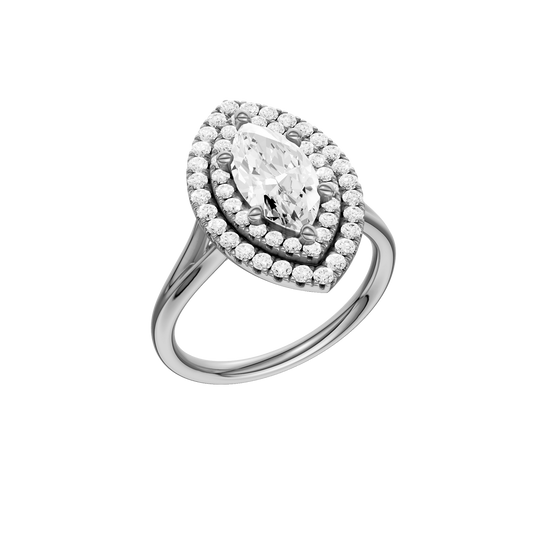 A three-quarter view of the Marquise cut diamond engagement ring in platinum with a plain band and double halo setting