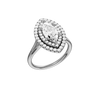 A three-quarter view of the Marquise cut diamond engagement ring in platinum with a plain band and double halo setting
