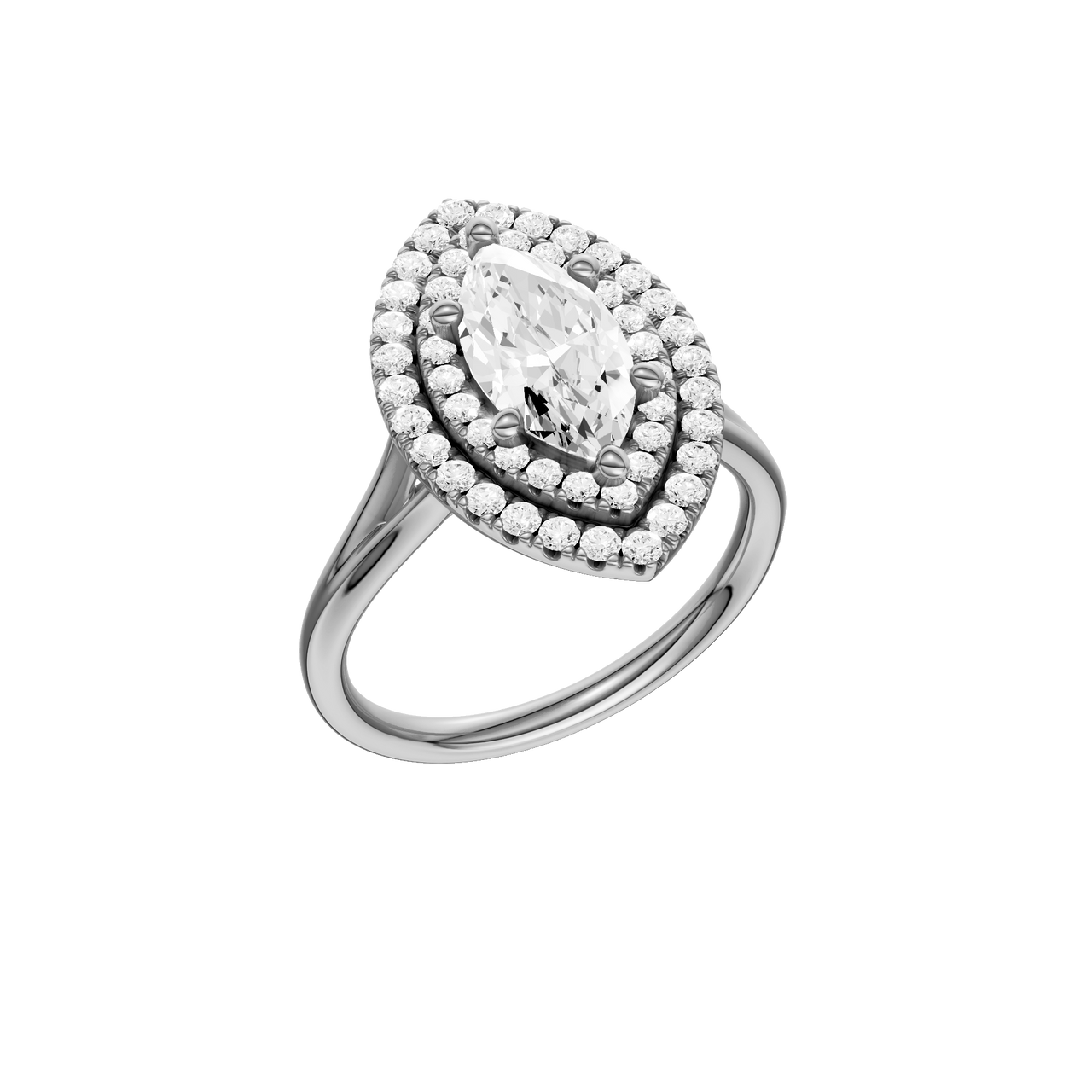 A three-quarter view of the Marquise cut diamond engagement ring in platinum with a plain band and double halo setting
