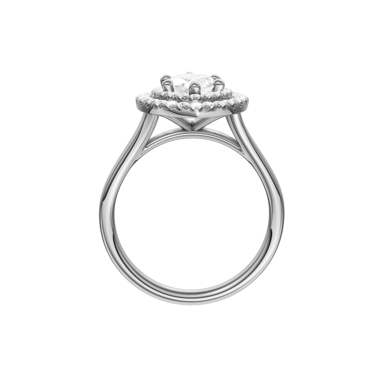 A profile view of the Marquise cut diamond engagement ring in 14k white gold with a plain band and double halo setting